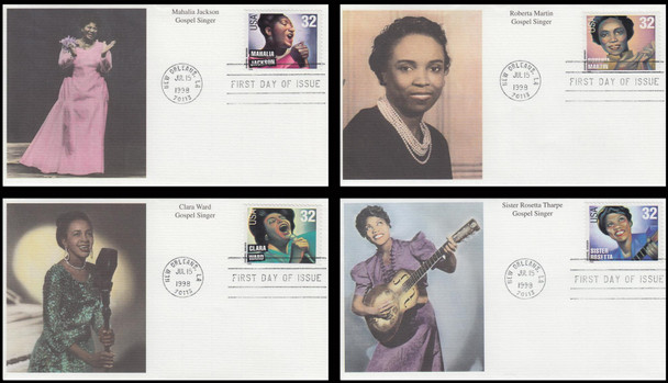 3216 - 3219 / 32c Gospel Singers Set of 4 Mystic 1998 First Day Covers
