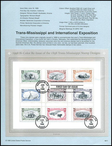 3209 / 1c - $2 Trans-Mississippi and International Exposition Pane o 1998 USPS #9811 Souvenir Page