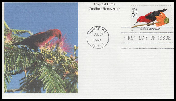 3222 - 3225 / 32c Tropical Birds Set of 4 Mystic 1998 First Day Covers