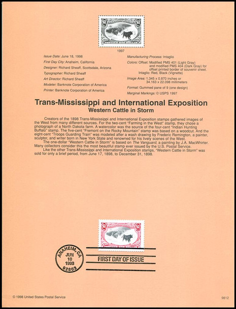 3210a / $1 Western Cattle in Storm : Trans-Mississippi and International Exposition 1998 USPS #9812 Souvenir Page