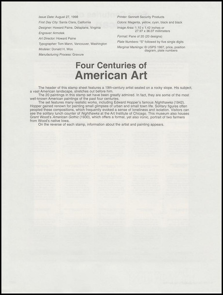 3236 / 32c Four Centuries of American Art Pane 1998 USPS #9827 Souvenir Page