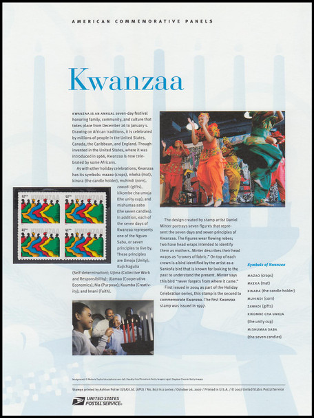 4220 / 41c Kwanzaa : Holiday Celebration Series 2007 USPS American Commemorative Panel #807