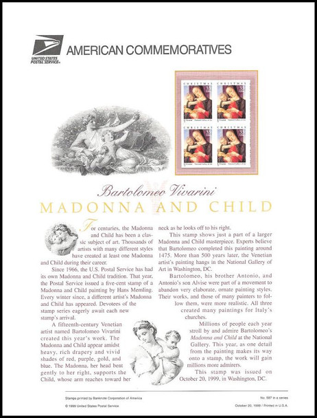 3355 / 33c Madonna & Child : Bartolomeo Vivarini 1999 USPS American Commemorative Panel #587