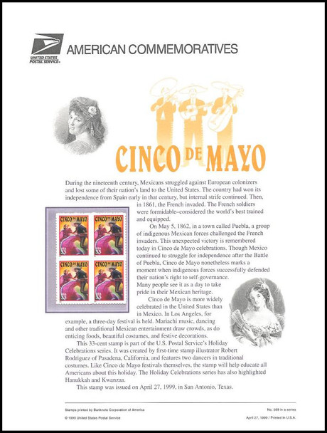 3309 / 33c Cinco de Mayo Celebration 1999 USPS American Commemorative Panel #569