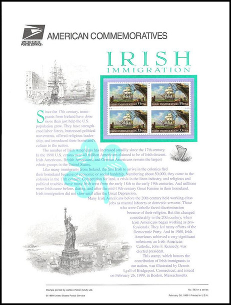 3286 / 33c Irish Immigration 1999 USPS American Commemorative Panel #563