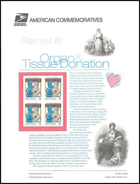 3227 / 32c Organ and Tissue Donation 1998 USPS American Commemorative Panel #548