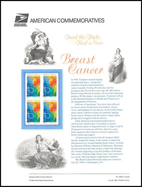 B1 / 32c + 8c Breast Cancer Research Semi-Postal 1998 USPS American Commemorative Panel #546a