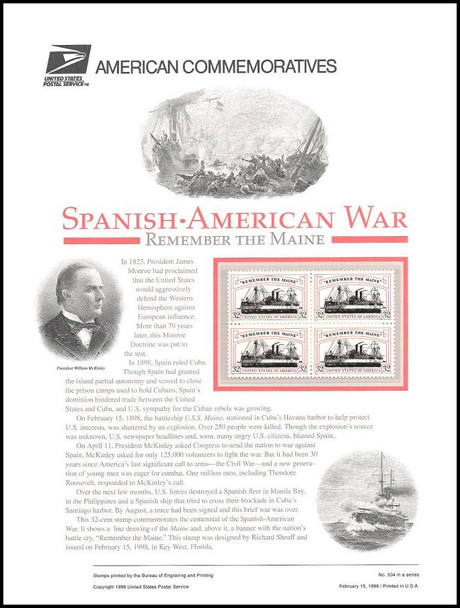 3192 / 32c " Remember the Maine " Centennial 1998 USPS American Commemorative Panel #534