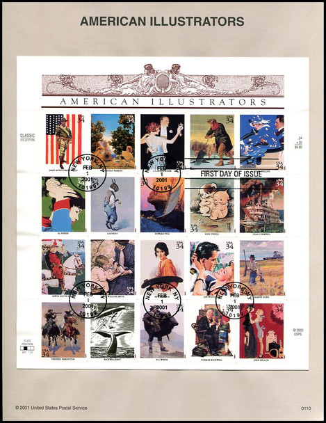 3502 / 34c American Illustrators Pane of 20 : 2001 USPS #0110 Souvenir Page