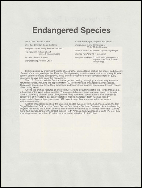 3105 / 32c Endangered Species Pane of 15 : 1996 USPS #9634 Souvenir Page