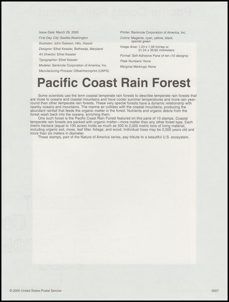3378 / 33c Pacific Coast Rain Forest Pane of 10 : 2000 USPS #0007 Souvenir Page
