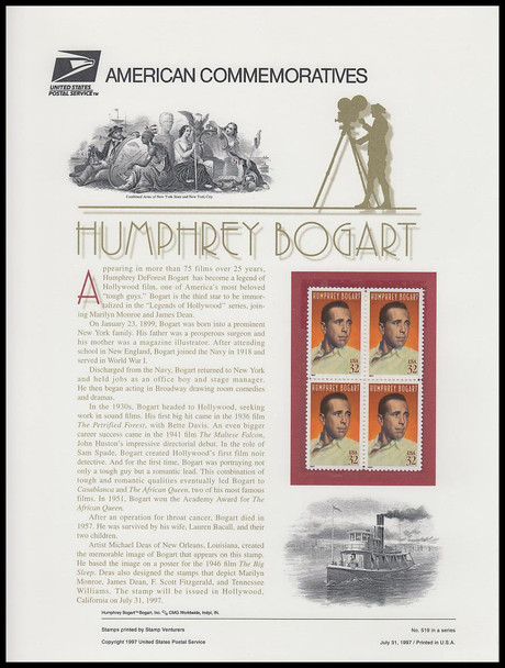 3152 / 32c Humphrey Bogart : Legends of Hollywood Series 1997 USPS American Commemorative Panel #519