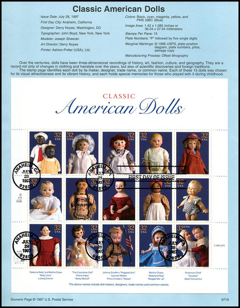 3151 / 32c Classic American Dolls Pane of 15 : 1997 USPS #9719 Souvenir Page