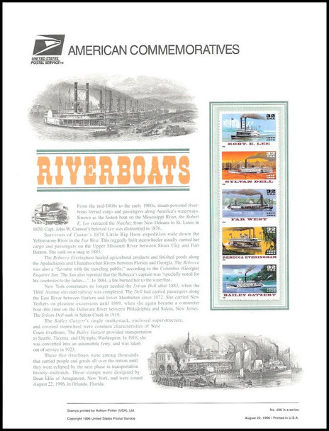 3095a / 32c Riverboats Se-Tenant Strip 1996 USPS American Commemorative Panel #496