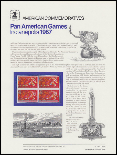 2247 / 22c Pan American Games 1987 USPS American Commemorative Panel #275