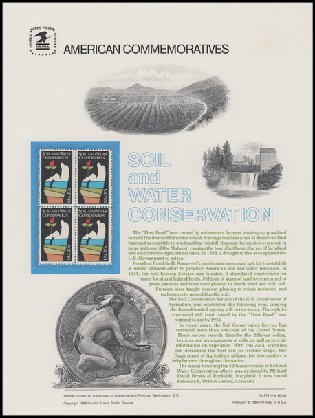 2074 / 20c Soil and Water Conservation 1984 USPS American Commemorative Panel #210 (SOME TONING ON BACKSIDE)