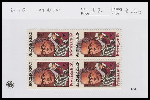 2110 / 22c Jerome Kern 1985 Block Mint Never Hinged Condition