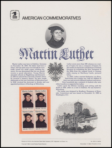 2065 / 20c Martin Luther 1983 USPS American Commemorative Panel #204 (SOME TONING ON BACKSIDE)