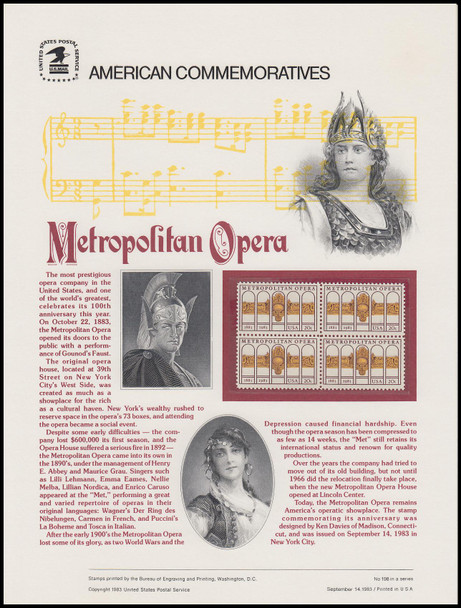 2054 / 20c Metropolitan Opera 1983 USPS American Commemorative Panel #198 (SOME TONING ON BACKSIDE)