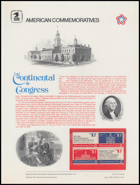 1546a / 10c First Continental Congress Se-Tenant Block 1974 USPS American Commemorative Panel #035 (SOME TONING ON BACKSIDE)