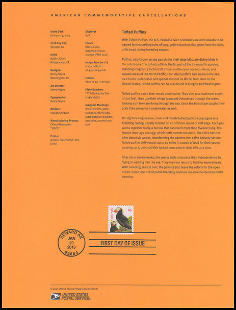 4737 / 86c Tufted Puffins 2013 USPS Souvenir Page #1307