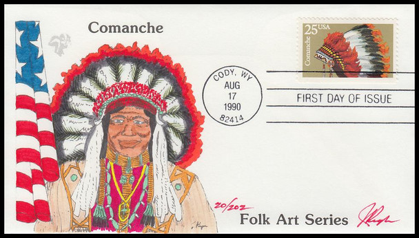 2501 - 2505 / 25c Indian Headdresses With Info Sheets Set of 5 Pugh Hand-Painted Limited Edition 1990 FDCs