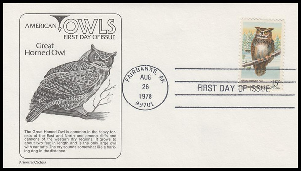 1760 - 1763 / 15c American Owls Set of 4 Aristocrat Cachets 1978 First Day Covers