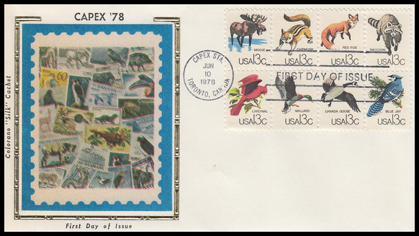 1757a - h / 13c CAPEX Wildlife All 8 Stamps on 1 Colorano Silk 1978 FDC (Light Toning Throughout)