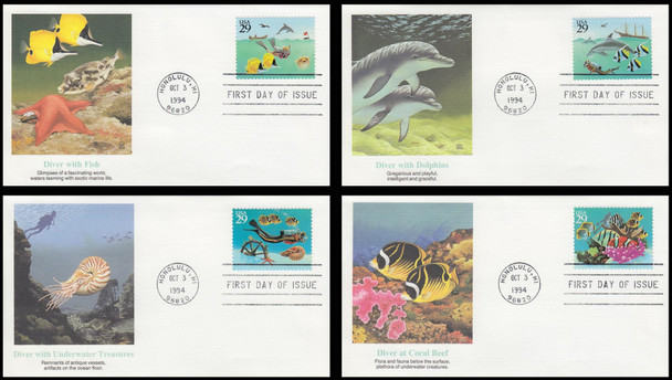 2863 - 2866 / 29c Wonders Of The Sea Set of 4 Fleetwood 1994 FDCs