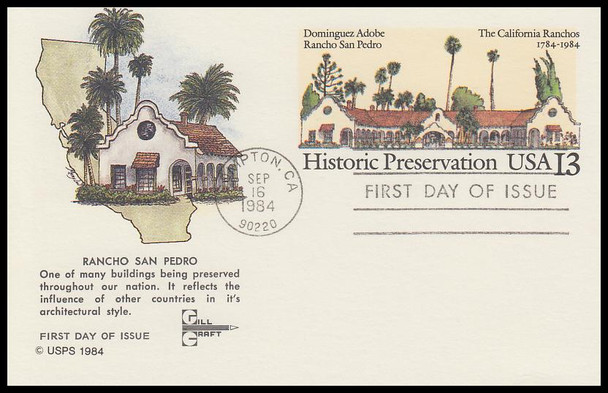 UX104 / 13c Dominguez Adobe Postal Card 1984 Gill Craft First Day Cover