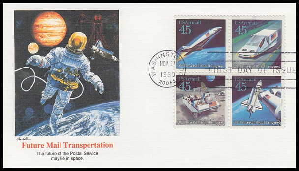 C125a / 45c Futuristic Mail Delivery Se-Tenant Block Fleetwood 1989 First Day Cover