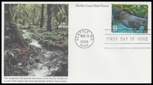 3378c / 33c American Dipper : Pacific Coast Rain Forest 2000 Mystic FDC