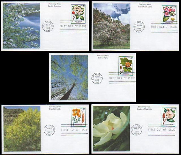 3193 -  3197 / 32c Flowering Trees Set of 5 Mystic 2000 FDCs