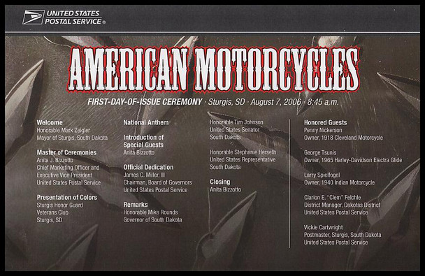 4085 - 4088 / 39c American Motorcycles 2006 Cacheted USPS First Day Ceremony Program