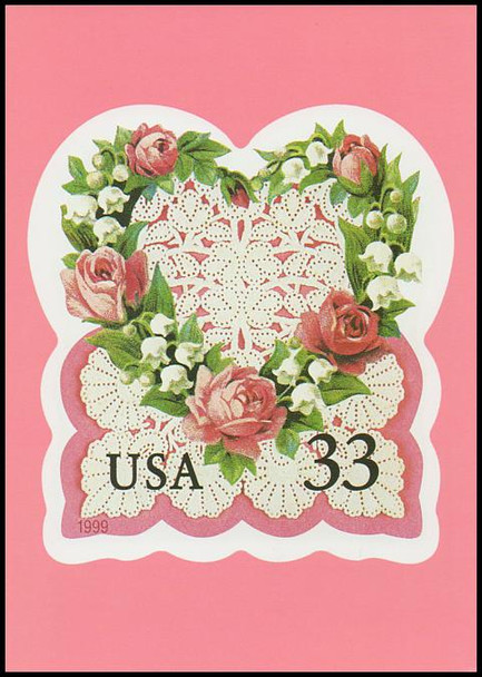 1999 33c Victorian Lace Love Stamp Collectible Postcard Pink Border