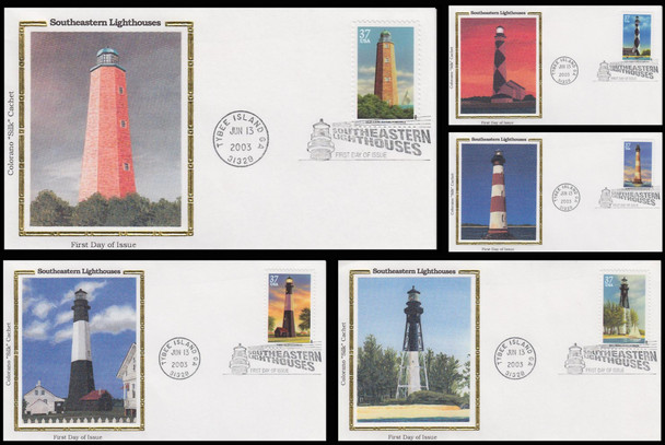 3787 - 3791 / 37c Southeastern Lighthouses Set of 5 Colorano Silk 2003 FDCs