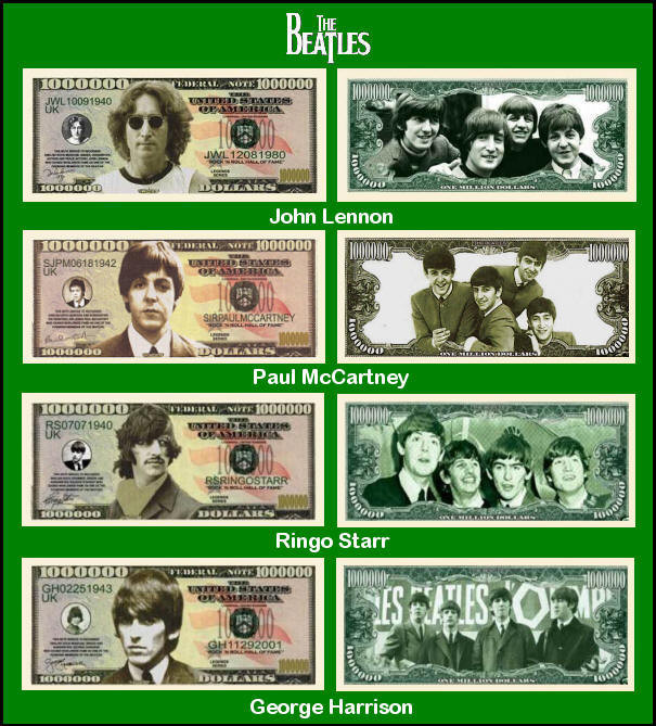 ビートルズ 置物・１ドル札・CDセット The Beatles Million Dollars Set of 4 Novelty Commemorative Bills