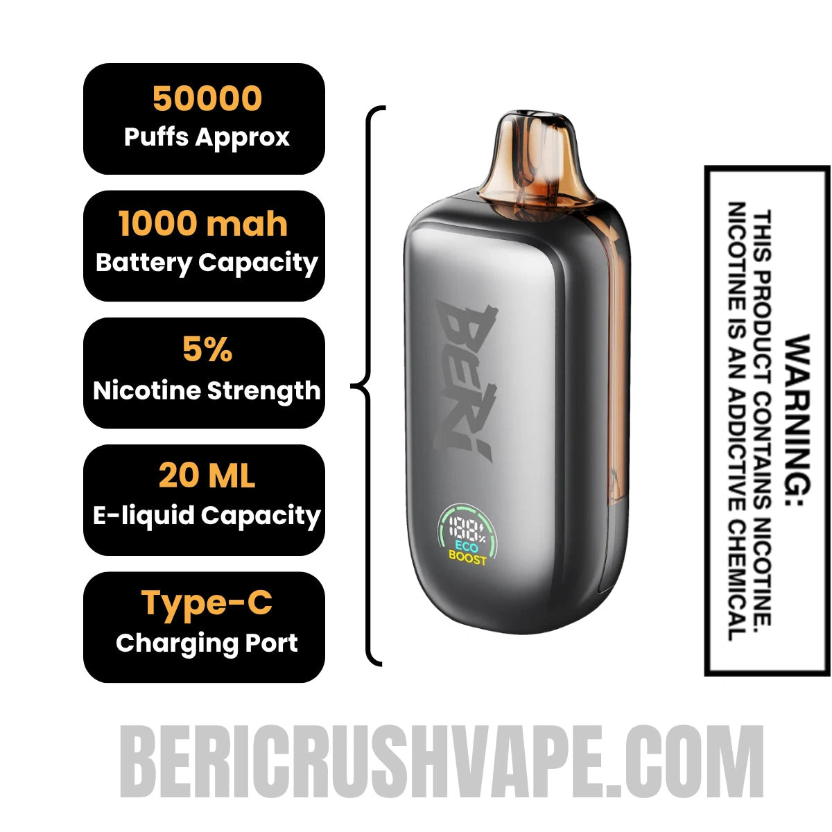 Peach Ice Beri Cliq 50K Disposable Vape Kit Specifications