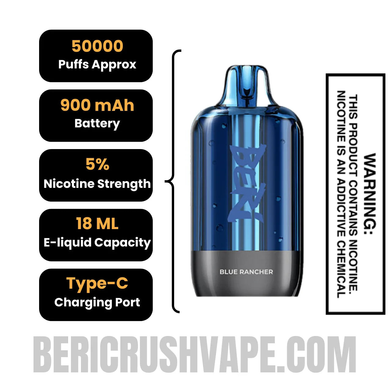 Blue Rancher Beri Cliq 50K Disposable Vape Pod Specifications