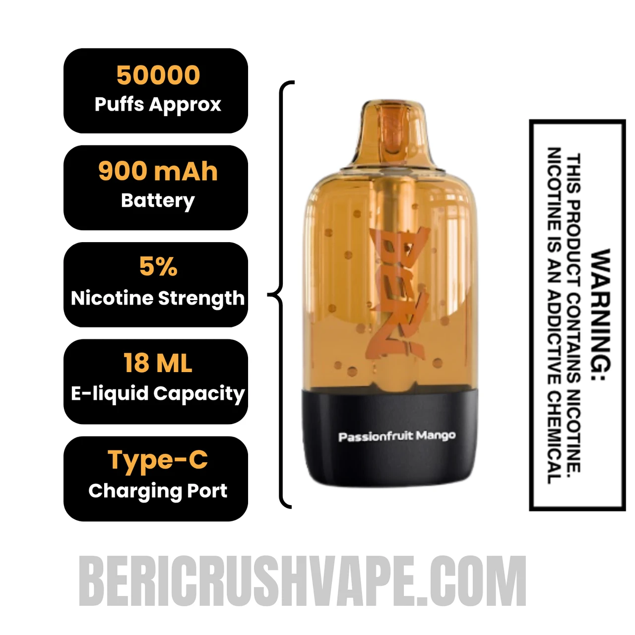 Passionfruit Mango Beri Cliq 50K Disposable Vape Pod Specifications