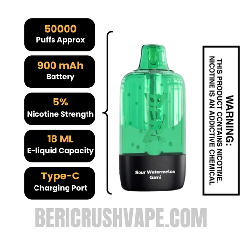 Sour Watermelon Gami Beri Cliq 50K Disposable Vape Pod Specifications