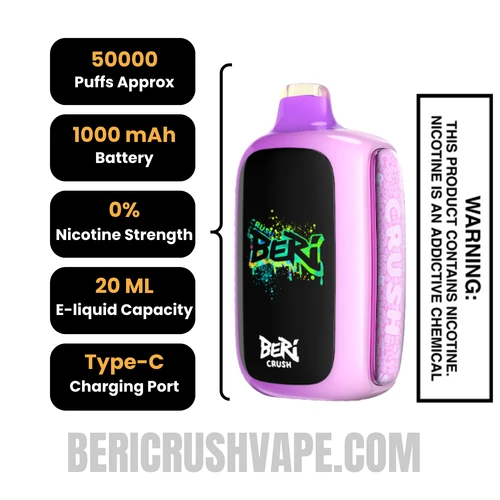 Grape Ice Beri Crush 50K Zero Nicotine Disposable Vape Specifications