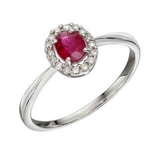9ct White Gold Oval Ruby & Diamond Cluster Ring
