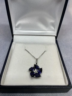 9ct White Gold Peony Iolite & Diamond Flower Pendant