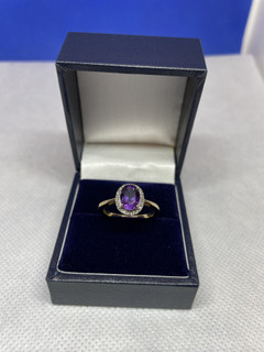 9ct Amethyst & Diamond Oval Cluster Ring