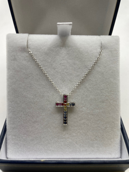 9ct White Gold Multi Coloured Sapphire Cross