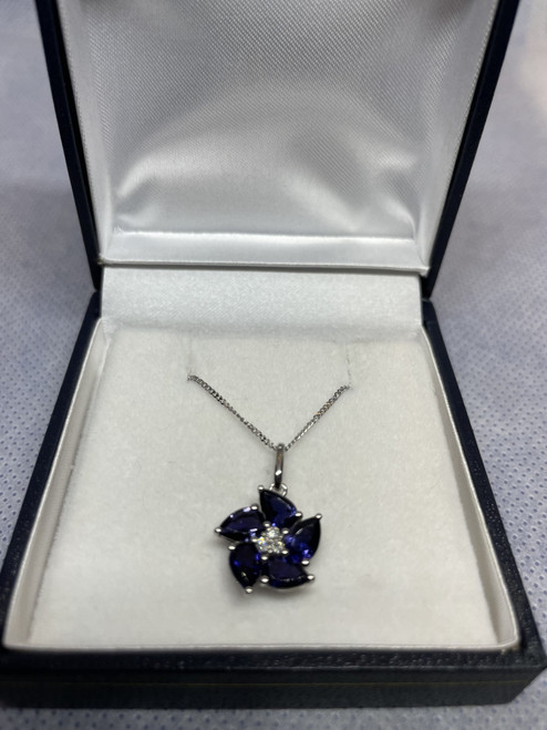 9ct White Gold Peony Iolite & Diamond Flower Pendant