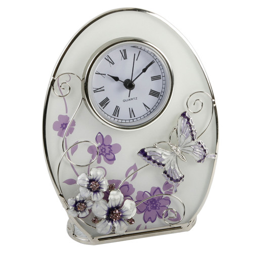 Oval Glass Purple Butterfly, Flowers & Crystal  Quartz Clock