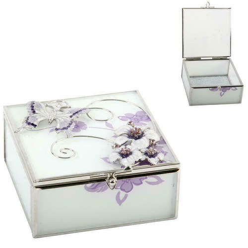 Sophia Glass Square Trinket Box Purple Butterfly/Flowers/Crystals Sophia Glass Square Trinket Box Purple Butterfly/Flowers/Crystals