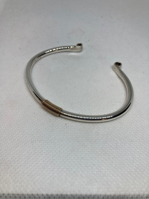 Solid Sterling Silver Torque Bangle with 9ct Gold Wire & Scroll Effect
